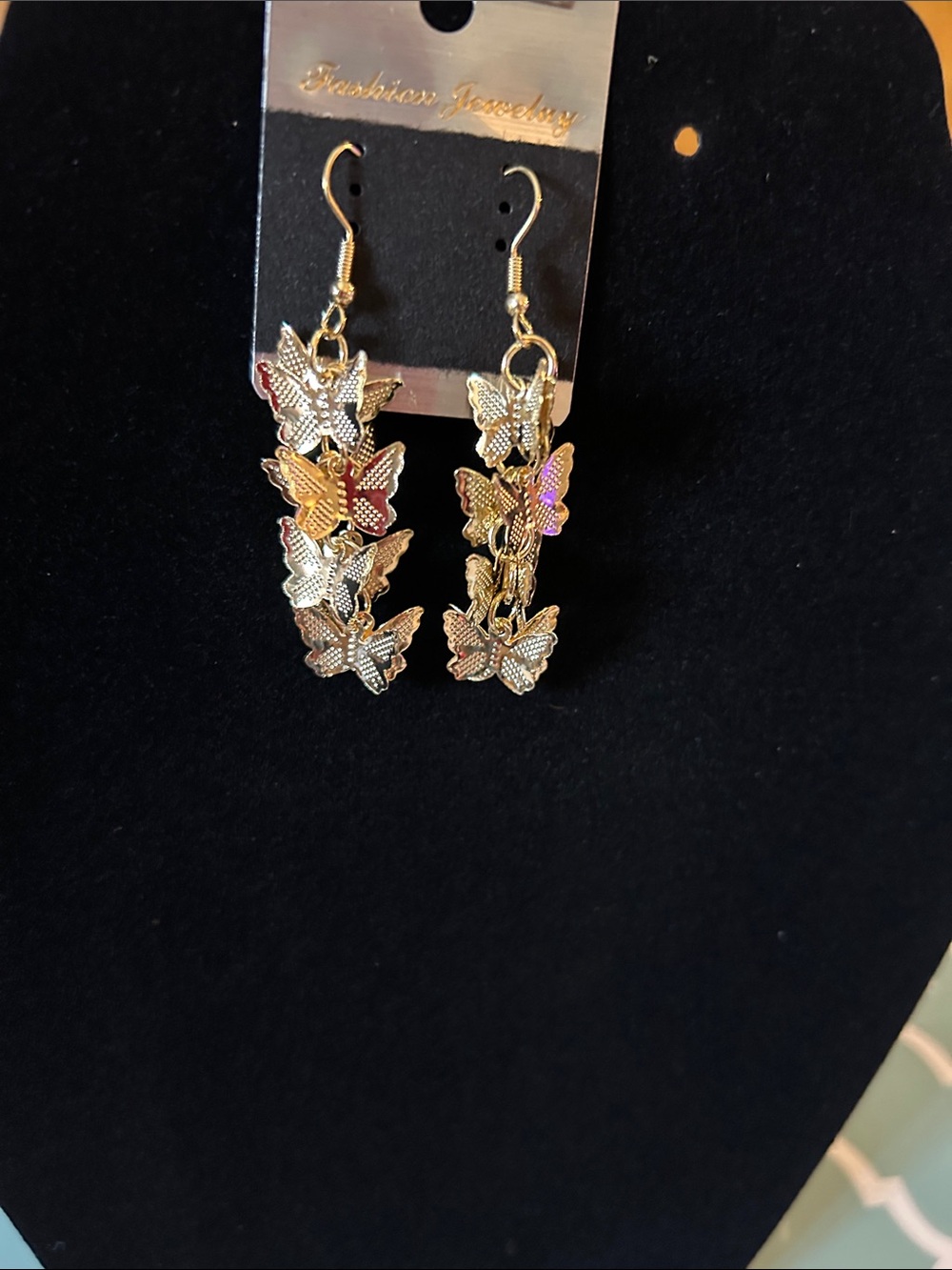 Fashion Jewelry Gold Butterfly Cascade Dangle Earrings with Iridescent Accents
